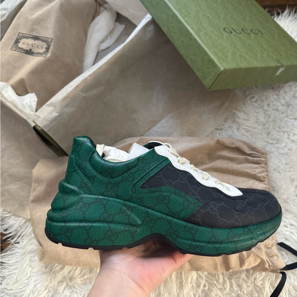 GUCCI MEN'S SHOES GREEN, BLACK & WHITE NYLON GG SUPREME RHYTON SNEAKERS - Picture 2 of 10